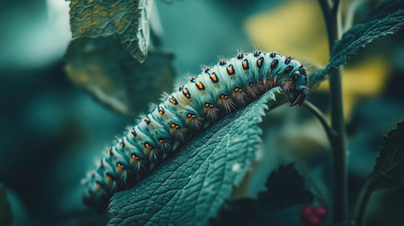 A vibrant caterpillar resting on a lush green leaf creates a striking image of nature's detail and beauty, showcasing the life cycle of these fascinating creatures.の素材