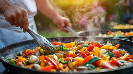 A chef prepares vibrant vegetables on an outdoor grill, creating steam and a delicious aroma. Perfect for food lovers and cooking enthusiasts.の素材