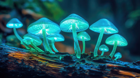 A mesmerizing scene of glowing mushrooms in a lush forest. The ethereal illumination highlights the delicate beauty of nature, creating a magical atmosphere.の素材