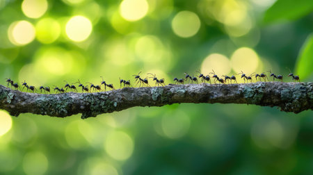 A captivating scene of ants walking in a line along a branch, set against a beautifully blurred green background, showcasing nature's simplicity and teamwork.の素材