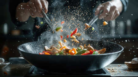 A dynamic scene of a chef skillfully stir-frying colorful vegetables in a wok. The flying ingredients and steam create an energetic and vibrant atmosphere.の素材