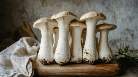 Fresh mushrooms arranged on a wooden board create a rustic and appealing kitchen scene, perfect for culinary photography and food styling.の素材