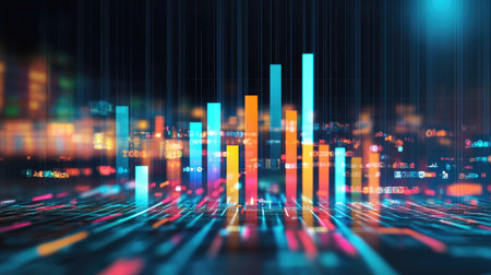 This image showcases a modern data visualization with colorful bar graphs, representing various statistics and trends in a digital environment.の素材