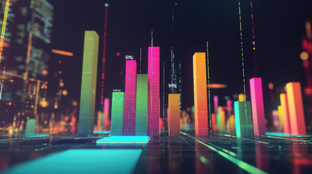 Vibrant and colorful data visualization set in a modern cityscape, showcasing bars and graphs in a dynamic urban environment for technology and business insights.の素材