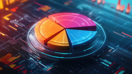 A vibrant pie chart displays colorful segments on a modern digital background, representing data analysis and visualization in technology and business.の素材