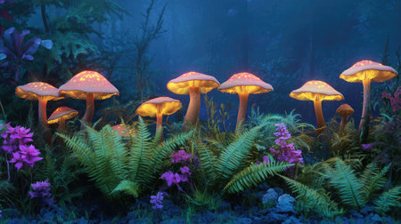 Explore a vibrant forest scene featuring glowing mushrooms among lush greenery and colorful flowers, creating a mystical and enchanting atmosphere.の素材