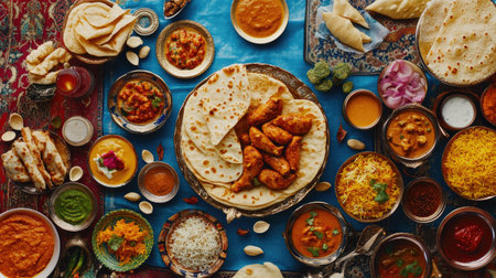 A colorful array of Indian dishes displayed beautifully on a vibrant tablecloth, showcasing various flavors, textures, and culinary traditions. Perfect for food lovers!の素材