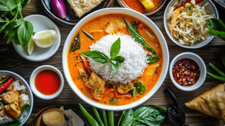 A delicious bowl of spicy soup with rice, fresh vegetables, and aromatic herbs, beautifully arranged with various sides, perfect for food photography.の素材