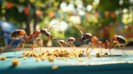 A lively scene of ants gathering food under sunlight, showcasing their teamwork and activity in a colorful outdoor environment filled with nature.の素材