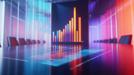 A modern conference room featuring a vibrant bar graph display reflecting data trends, surrounded by striking ambient lighting, ideal for business meetings.の素材