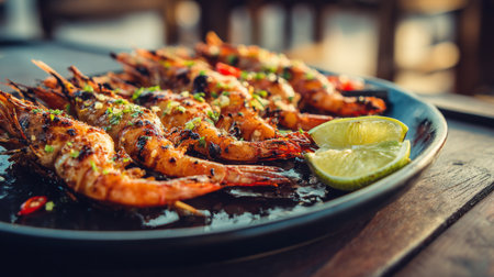 Enjoy a plate of delicious grilled shrimp garnished with fresh lime wedges, perfect for savoring in a summer outdoor setting. An inviting culinary experience awaits.の素材