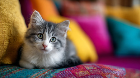 This charming image showcases a delightful gray and white kitten resting on a cozy, colorful couch. The vibrant cushions add warmth, inviting relaxation and joy.の素材