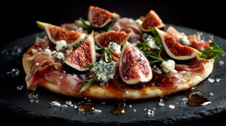 This gourmet flatbread features a delightful combination of fresh figs, prosciutto, blue cheese, and arugula, drizzled with balsamic glaze. Perfect for any culinary setting.の素材