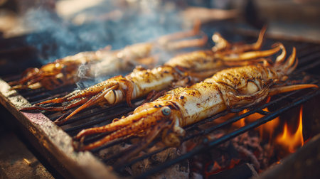 Juicy grilled squid on a barbecue creates a smoky flavor that enhances outdoor dining experiences. Perfect dish for seafood lovers and gatherings.の素材
