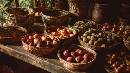 A warm and inviting display of assorted organic fruits in woven baskets on a rustic wooden table, illuminated by soft natural light, showcasing seasonal abundance.の素材