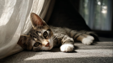 A charming tabby cat lies lazily on a soft surface, bathed in warm sunlight filtering through sheer curtains, creating a peaceful and cozy indoor atmosphere.の素材