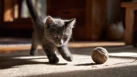 A playful gray kitten explores a sunlit living room, captivated by a toy ball. The warm environment highlights the joyful nature of this adorable creature.の素材