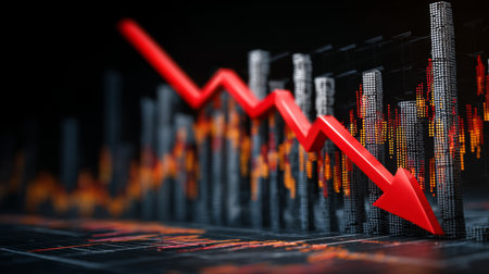 This image depicts a sharp decline in the financial market, showcasing a downward trend with a red arrow and fluctuating stocks against a dark digital background.の素材