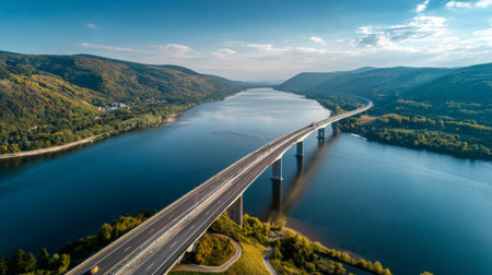 This stunning aerial image captures a modern bridge spanning a tranquil river, surrounded by lush hills under a clear blue sky, showcasing nature's beauty and serenity.の素材