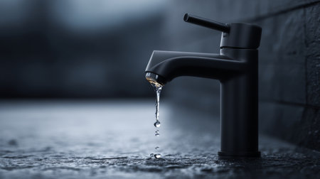This stunning image features a sleek black faucet with a gentle stream of water, emphasizing modern design and minimalist aesthetics in a stylish indoor setting.の素材