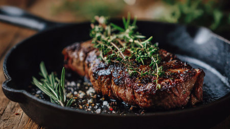 A mouthwatering grilled steak, beautifully garnished with fresh thyme and rosemary, served in a cast iron skillet, creating a perfect rustic dining experience.の素材