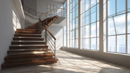 A stunning interior showcasing a wooden staircase that gracefully complements the bright atmosphere created by expansive windows, perfect for modern design lovers.の素材