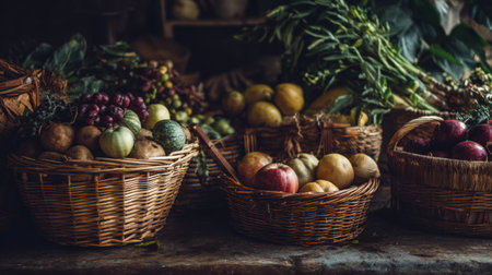 Capture the essence of a bountiful harvest with this arrangement of colorful fruits and vegetables in rustic baskets. Perfect for conveying themes of nature and freshness.の素材