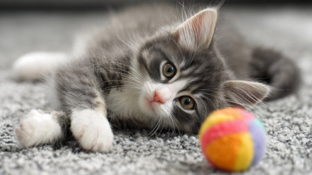 Adorable gray kitten relaxes comfortably on a soft carpet, showing curiosity and playfulness while next to a vibrant ball, embodying youthful energy and charm.の素材