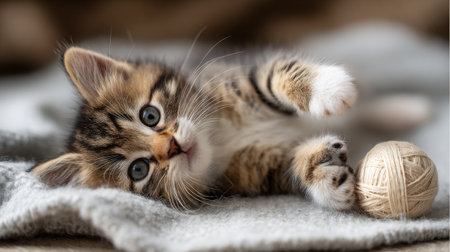 This charming image captures a playful kitten lying on a soft gray blanket beside a yarn ball, radiating cuteness and warmth in a cozy indoor setting.の素材