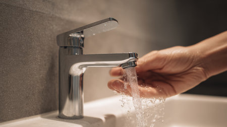 A close-up view of a hand turning on a sleek faucet in a stylish bathroom sink. The flowing water symbolizes hygiene, modern design, and the joy of a refreshed home.の素材
