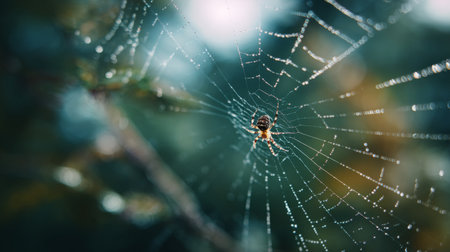 A stunning close-up of a spider intricately woven into its web adorned with sparkling dew drops. The soft morning light enhances the tranquil outdoor setting.の素材