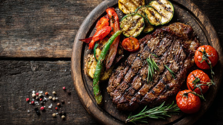 A beautifully arranged grilled steak on a wooden plate, accompanied by an array of fresh vegetables like zucchini and tomatoes, showcasing rustic charm and culinary excellence.の素材
