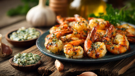 A mouthwatering plate of grilled shrimp garnished with garlic and herbs, served alongside flavorful sauces, perfect for any seafood lover or gourmet dish.の素材