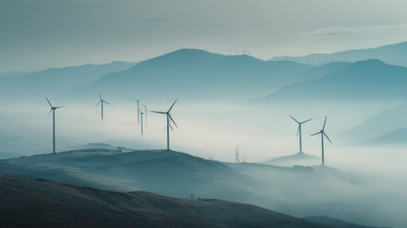 A peaceful scene featuring wind turbines standing tall amidst misty mountains, bathed in the soft glow of early morning light. The calm atmosphere highlights renewable energy.の素材