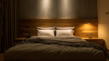 Experience the tranquility of a cozy modern bedroom with soft linens, natural materials, and warm lighting. Perfect for relaxation and peaceful sleep.の素材
