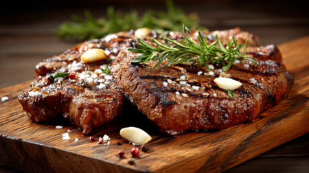 Enjoy a mouthwatering view of perfectly grilled steak seasoned with herbs and garlic, presented on a rustic wooden board, perfect for culinary inspiration.の素材