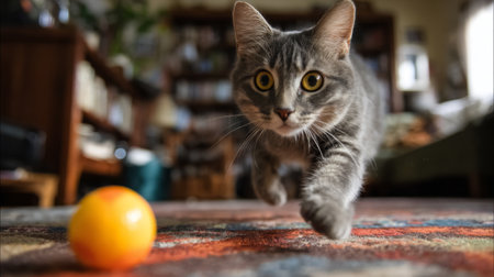 A charming gray cat leaps towards an orange ball, showcasing its agility and playful nature in a cozy indoor setting filled with warmth and character.の素材