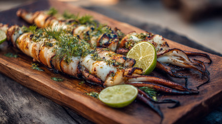 A beautifully arranged platter of grilled squid garnished with fresh herbs and lime slices, showcasing vibrant colors and appetizing textures perfect for summer dining.の素材