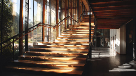 This image showcases an elegant wooden staircase in a modern architectural space, highlighted by natural light that creates beautiful shadows on the steps.の素材