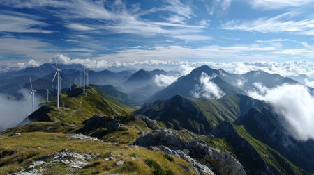 A stunning panorama of mountains featuring wind turbines, showcasing the harmony between renewable energy and natural beauty under a vibrant sky.の素材