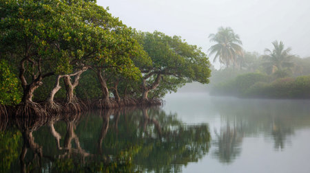 A peaceful mangrove scene captures a serene moment in nature, with fog enveloping lush greenery and reflecting beautifully on calm water during early morning.の素材