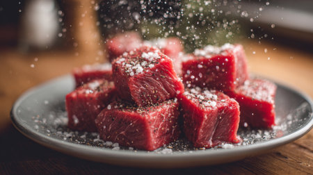 A visually appealing arrangement of raw beef cubes dusted with salt, showcasing a rich red color and perfect for culinary projects or food presentations.の素材