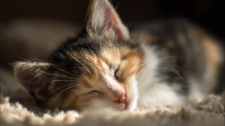 A charming calico kitten peacefully sleeping on a soft blanket creates a serene atmosphere. The gentle light enhances the warmth and coziness of this adorable scene.の素材