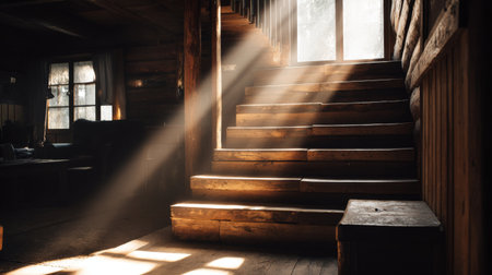 A serene scene showcasing sunlight pouring through a window, illuminating wooden stairs in a rustic cabin. The warm atmosphere evokes feelings of comfort and tranquility.の素材