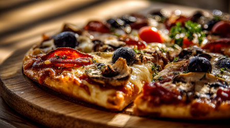 A mouthwatering close-up of a pizza featuring various toppings such as mushrooms, olives, tomatoes, and pepperoni, highlighting its delicious and colorful appeal.の素材