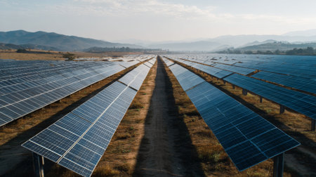 Aerial view of a large solar farm showcasing rows of solar panels designed for energy production in a beautiful natural landscape, emphasizing sustainability and innovation.の素材