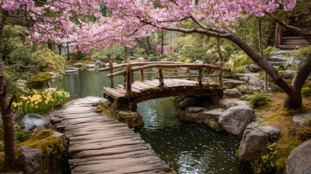 A stunning view of a Japanese garden featuring cherry blossom trees. The peaceful pond reflects a beautiful wooden bridge, enhancing the serene atmosphere of nature.の素材