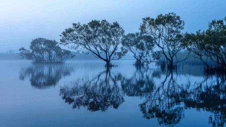 Captivating misty morning scene featuring mangrove trees reflected in still water, creating a peaceful and serene atmosphere in cool blue hues. Perfect for nature lovers.の素材