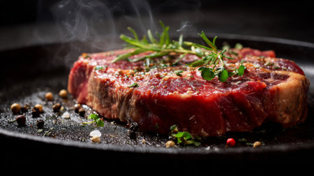 A vivid image of a fresh raw steak garnished with herbs and spices on a hot cast iron pan. The steam and smoke enhance the appetizing presentation, ideal for culinary use.の素材