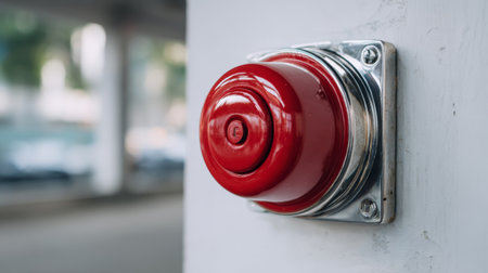 A striking red emergency alarm button mounted on a wall showcases safety features in public spaces, emphasizing communication and urgent responses for protection.の素材